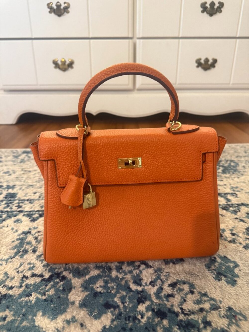 Ainifeel Orange Leather Satchel Box Bag